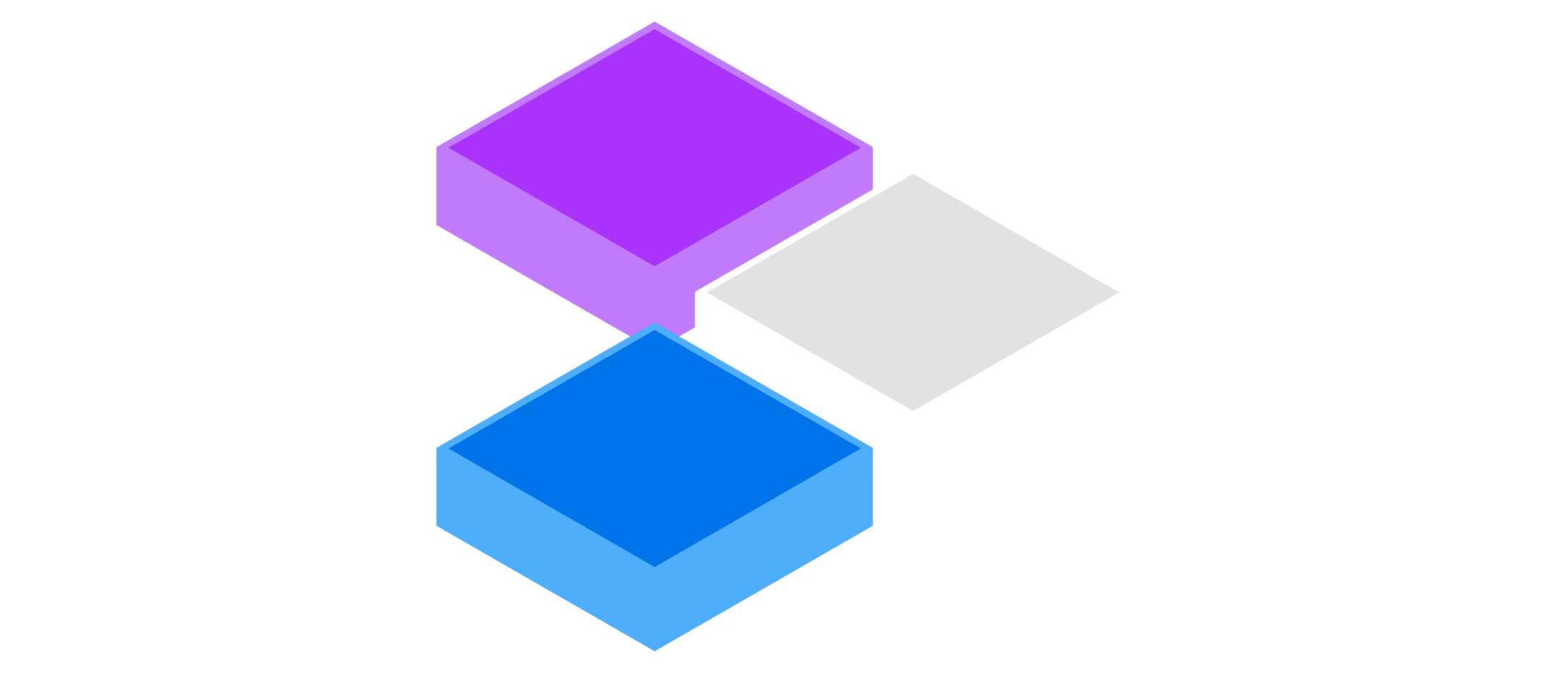 An isometric illustration of three square tiles, purple, blue, and white, arranged in a triangular formation, symbolizing the coordination between perception, reasoning, and action within an AI system.