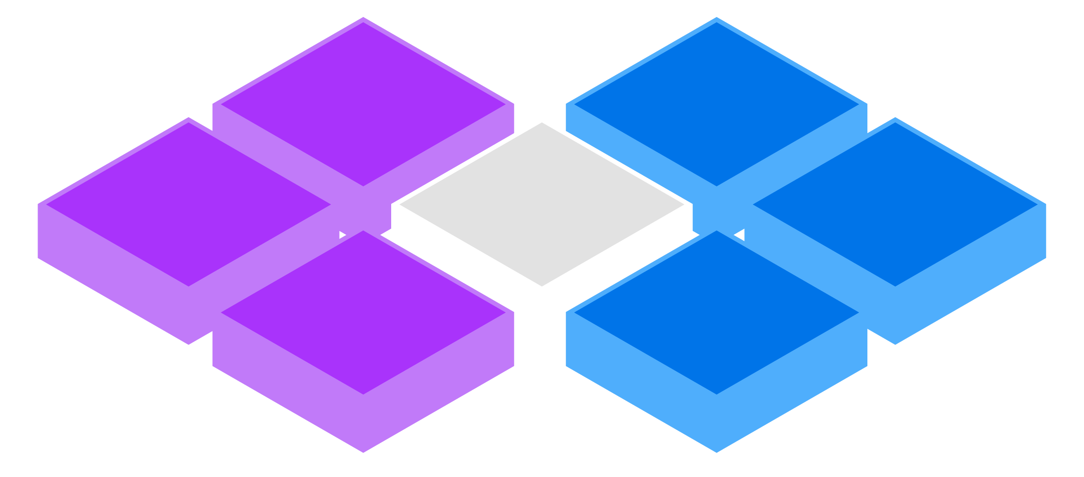 An isometric illustration showing four overlapping diamond-shaped tiles, two purple on the left and two blue on the right, with a small white 3D block at the center, symbolizing the connection point between multiple systems or processes.